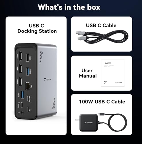 TobenONE 18 in 1 USB C Docking Station 3 Monitors 4K@60Hz, Laptop Docking Station with 100W Power Adapter, Triple Monitors with 3 HDMI, 9 USB Ports, Gigabit Ethernet, for Windows and Chrome OS