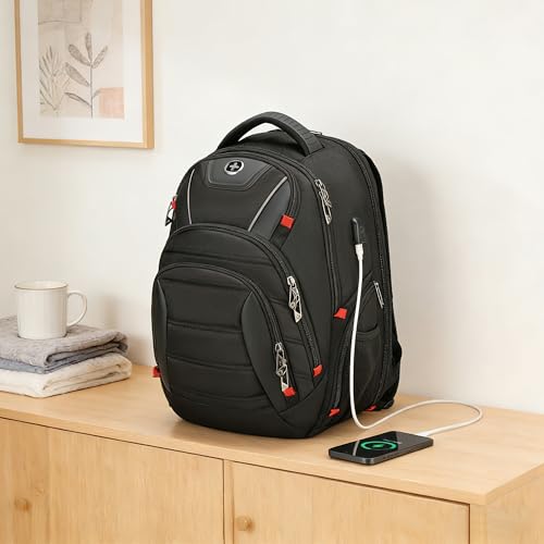 Swissdigital Design Travel Backpack for men with Apple Find My, TSA Friendly USB Charging RFID Protection Business Backpack Fits 15.6" Laptops Black | J149508F-BR - color: Black/Finder