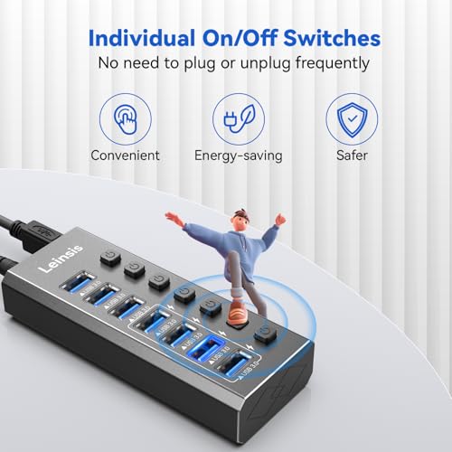 Powered USB Hub 3.0, Leinsis 7-Port USB 3.0 Hub [Durable Aluminum] 7 Data Transfer Ports+ 4 Smart Charging Ports with Individual On/Off Switches, USB Hub 3.0 Powered with Power Adapter for Laptop PC