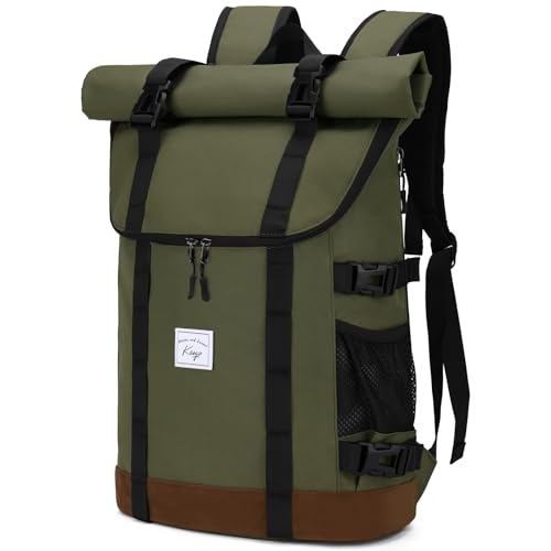 Kasqo Rolltop Backpack, Water-Resistant Backpack with Laptop Compartment for 15.6 Inch Computer Men Women 26L-33L Daypack - color: Military Green