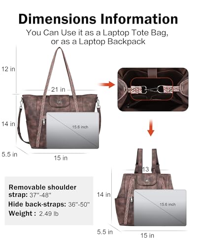 Large Laptop Tote Bag for Women Designer Leather Laptop Bag, 15.6in | Fashion Travel Backpack Purse Shoulder Handbag Fits 15.6 Laptop, Daily, Work, Business Trip, Weekend Travel, Teacher - color: Coffee Brown Retro Style
