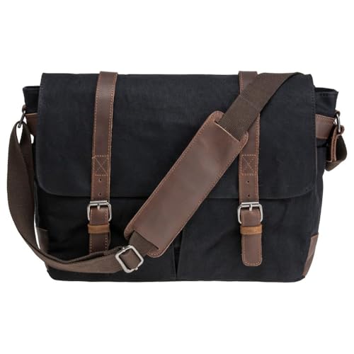 Vintage Genuine Leather Waxed Canvas Briefcase Large Satchel Shoulder Bag Rugged Computer 15.6" Laptop Bag - color: Black