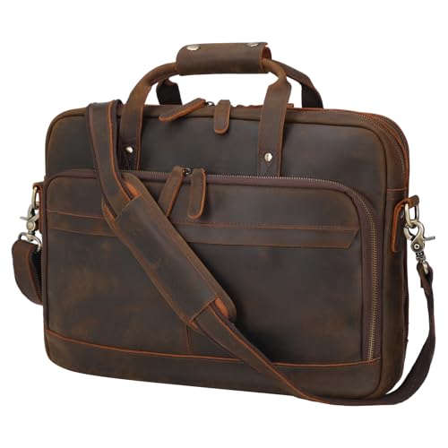 Masa Kawa Leather Briefcase for Men 15.6" 17" Laptop Business Messenger Bag | Computer Sleeve, Travel Luggage Strap, Professional Office Work Lawyer Crossbody Shoulder Attache Case - color: Deep Brown - Fits 15.6 Inch Laptop