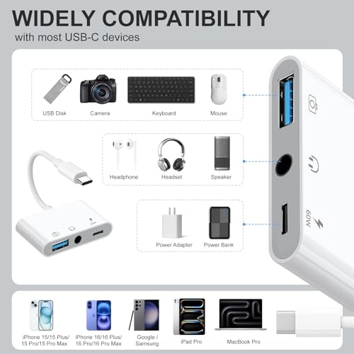 Aux to USB C to USB Adapter, 3-in-1 USB OTG Adapter with USB C to 3.5mm Audio Adapter and 60W PD Fast Charging Port, Compatible with iPhone15/16/17, iPadPro, MacBook, Galaxy S23 and More
