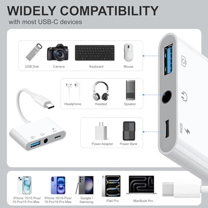 Aux to USB C to USB Adapter, 3-in-1 USB OTG Adapter with USB C to 3.5mm Audio Adapter and 60W PD Fast Charging Port, Compatible with iPhone15/16/17, iPadPro, MacBook, Galaxy S23 and More
