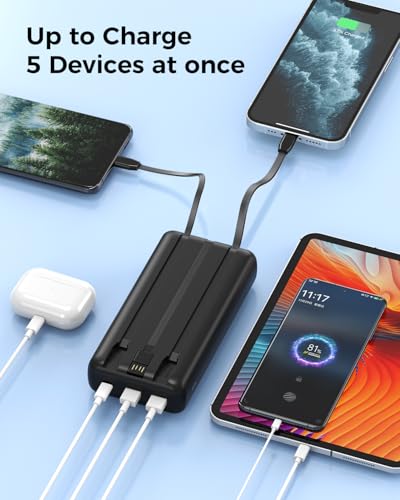 50000mAh Portable Charger, PD 22.5W Fast Charging Power Bank with Built in Cables, USB-C External Battery Pack for iPhone 17 16 15 14 Samsung Pixel Android iPad