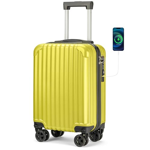 Personal Item Suitcase 18x14x8 Inches Hardside Built In TSA Lock & USB Port Lightweight Luggage With Removable Silent Wheels Underseat Carry-On Bag For Spirit and Frontier and More (Yellow) - color: Yellow