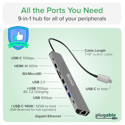 Plugable USB C Hub Multiport Adapter: 9-in-1 with 140W PD Charging, 4K 60Hz HDMI, 10Gbps Data Transfer, Gigabit Ethernet, SD for USBC, USB4, Thunderbolt MacBook, Windows, Chromebook (USBC-9IN1E)