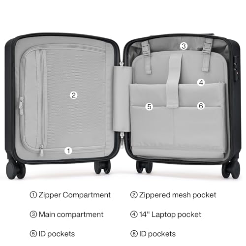 Hanke 16 Inch Underseat Small Carry On Luggage, Hard Shell with TSA Lock | PC Hard Shell, 14" Padded Laptop Pocket, Multi-Compartment, 8 Spinner Wheels, Lightweight, Short Trip - color: Jet Black, size: 16 Inch