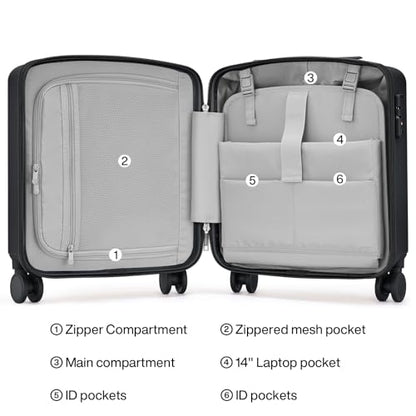Hanke 16 Inch Underseat Small Carry On Luggage, Hard Shell with TSA Lock | PC Hard Shell, 14" Padded Laptop Pocket, Multi-Compartment, 8 Spinner Wheels, Lightweight, Short Trip - color: Jet Black, size: 16 Inch