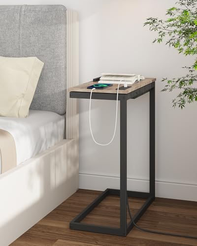 TUTOTAK Large C Shaped End Table, Side Table with Charging Station C Table | Tilting Laptop Stand with Storage, Computer Couch table for Living Room, Bedroom, Greige TB01BG090 - color: Greige, style: Plug