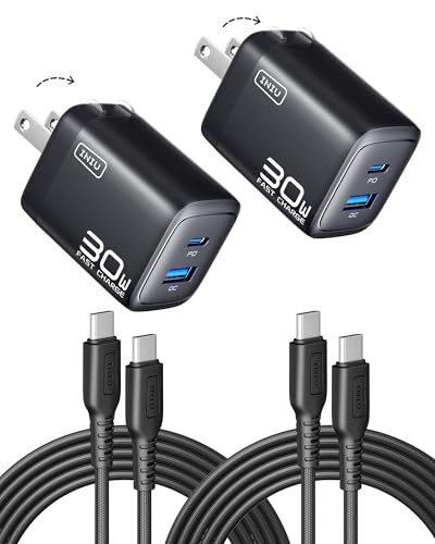 INIU Mini USB C Charger, 30W GaN Fast Charging ETL Certified Wall Adapter Block with Smart Phone Protection, Dual Port with 5ft Type C Cable for iPhone 17 iPad Samsung Google Switch etc [2-Pack Black] - color: Black, size: 2 Packs + 2 Cables