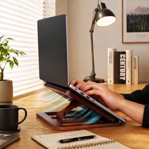 Bamboo Foldable Laptop Stand Holder, 6-Level Adjustable Ergonomic Notebook Riser with Heat Dissipation for 10-17 Inch Laptops, MacBook, Tablet (Dark Brown) - color: Dark Brown