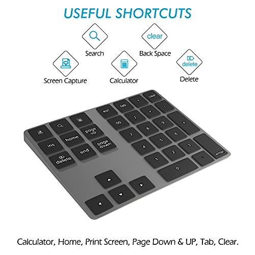 Foloda Bluetooth Numeric Keypad, Aluminum Rechargeable 34-Keys Wireless Number Pad External 10 Keys Numpad Data Entry Compatible for Laptop MacBook Mac Windows - color: Black