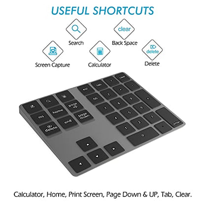 Foloda Bluetooth Numeric Keypad, Aluminum Rechargeable 34-Keys Wireless Number Pad External 10 Keys Numpad Data Entry Compatible for Laptop MacBook Mac Windows - color: Black