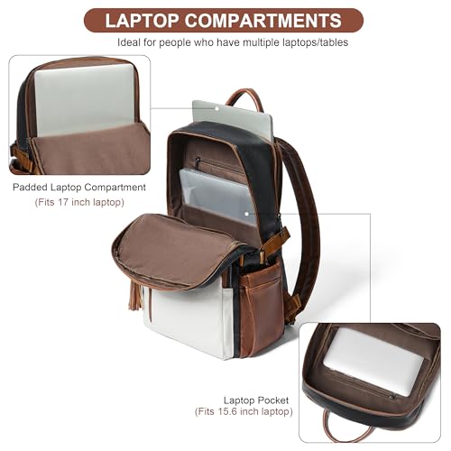 Shrrie Vegan Leather Laptop Backpack for Women,17 Inch Computer Backpack Purse for Work Business College Travel Teacher Nurse with Anti-theft Pocket & Giant Tumbler Holder,Black and Beige with Brown - color: Black and Beige With Brown