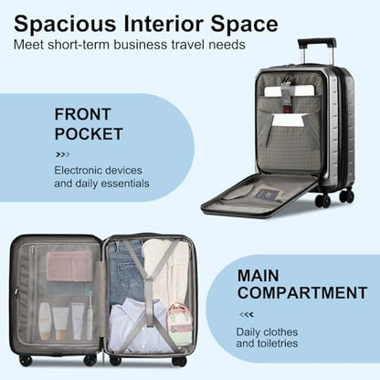 CENSIEN Expandable Carry On Luggage Airline Approved, 20 Inch Lightweight ABS+PC Hard Shell Suitcases with Front Pocket, Spinner Wheels, TSA Lock (Dark Gray, 1PC) - color: Gray, size: Carry On - 20 Inch - EXT - Front Open