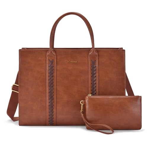 LOVEVOOK Laptop Tote Bag for Women, Vintage Leather Work Bags 15.6 Inch Laptop Bag With Cup Holder, Waterproof Professional Computer Bag Business Office Briefcase Shoulder Bag Handbag, Light Brown - color: Light-brown, size: 15.6 Inch