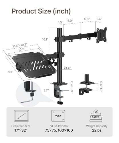 monTEK Monitor and Laptop Stand for 32" Screen and 17" Laptop | 2-in-1 desk mount holds 22 lbs, with height adjustment, tilt, swivel, clamp/grommet bases and VESA 75/100