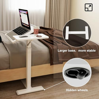 PUNCIA Medical Overbed Table with Wheels Pneumatic Adjustable Bedside Desk | Computer Cart Bedside Table Rolling Laptop Table with Tilting Split Top for Hospital Bed Office Bedroom Dorm Recovery Room
