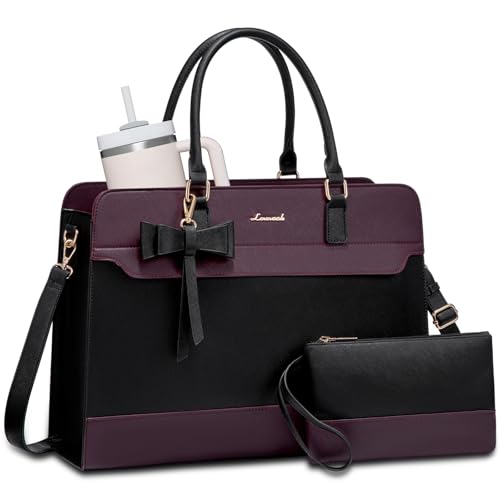 LOVEVOOK Laptop Tote Bag for Women,Leather Work Bag, Waterproof Business Teacher Bag,Large Computer Handbag Purse Briefcase,Office Gifts for Women - color: Black-purple-up, size: 15.6 Inch
