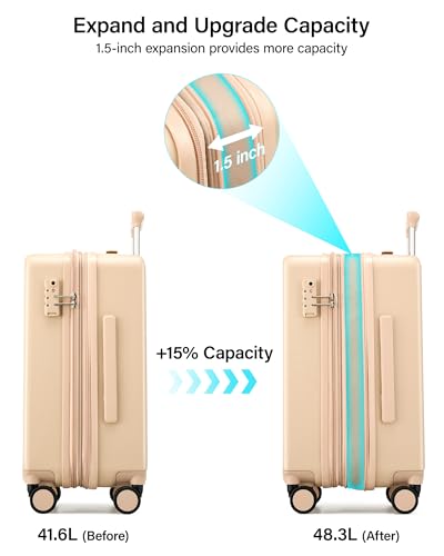 Hanke 20 Inch Expandable Carry On Luggage, Hard Shell with Side Hook | PC Hard Shell, Overhead Bin, Expandable Up to 15%, 8 Spinner Wheels, TSA Lock, Lightweight, Weekend Getaway - color: Cuba Sand, size: 20 Inch EXT