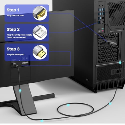 VGA to HDMI Cable 20 FT with USB Power Supply, Real 1080P@60Hz Video Output, Unidirectional Cable, from VGA Computer/Laptop to HDMI Monitor/TV/Projector (Not Supporting Audio) - size: 20 FT