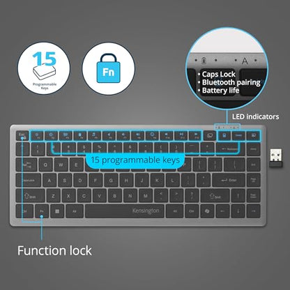 Kensington KB435 Wireless Compact Keyboard, Bluetooth & 2.4GHz Connection, Quiet Scissor-Switch Keys, Programmable, Copilot Hotkey, Compatible with Windows, Black (K75409NA) - size: Compact Size, style: Wireless