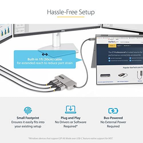 StarTech 3-Port USB-C MST Adapter, Triple 4K 60Hz DP, HDR, Windows, DSC | Laptop display extender, Triple 4K 60Hz, 2ch audio, HDCP 2.2, Extra-long built-in cable, Windows - size: 3 x DP 1.4