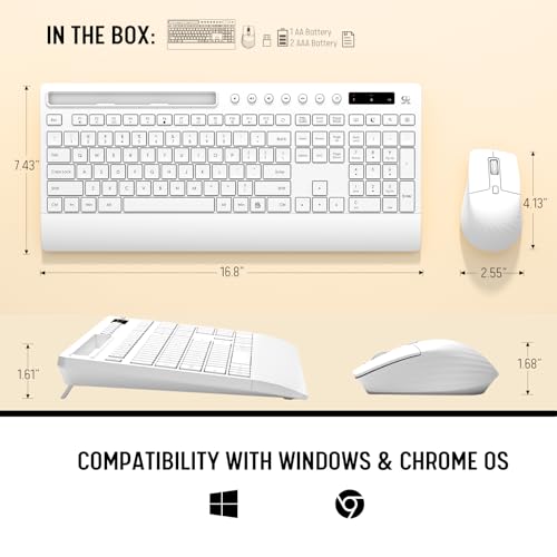 White Wireless Keyboard and Mouse Combo - Full-Size Quiet Keyboards with Palm Rest, Phone Holder, Multimedia Keys, Batteries Included, Office Key Board Compatible with Windows, PC, Laptop - Trueque - color: Snow White