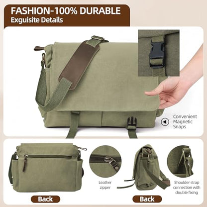 Messenger Bag for men Laptop Bag UnisexRetro Canvas Bag14-15.6 inches Casual single shoulder bag For Work College Travel - color: Army Green
