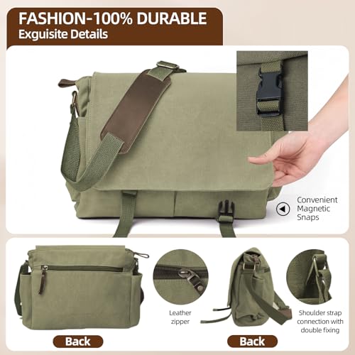 Messenger Bag for men Laptop Bag UnisexRetro Canvas Bag14-15.6 inches Casual single shoulder bag For Work College Travel - color: Army Green