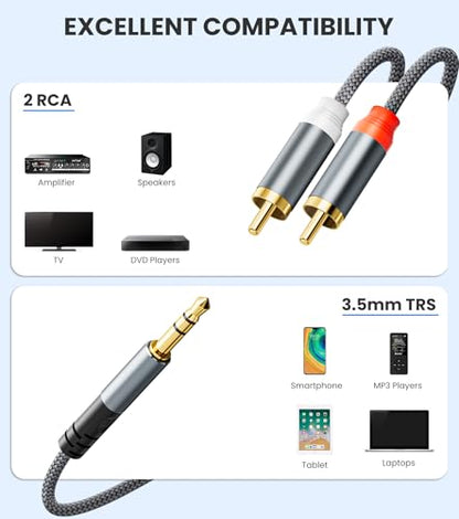 3.5mm to RCA Cable 10FT, Gold-Plated 2 RCA to 3.5mm AUX Male to Male Stereo Y Splitter Adapter, RCA Red/White to 3.5mm Aux Cable for Smartphone, Speaker, Tablet, MP3 Player, HDTV - size: 10ft