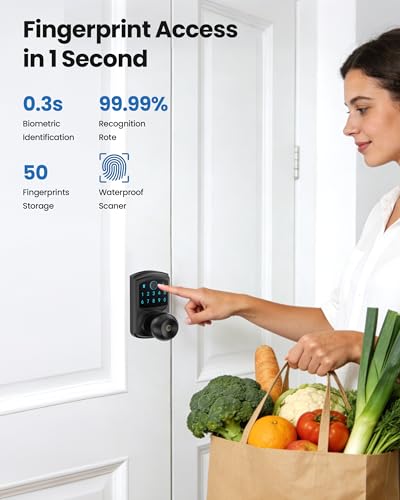 Smart Fingerprint Keyless Entry Door Knob Keypad Electronic Biometric Lock | 20 User Codes 50 Fingerprints Vacation & Passage Mode One-Time Code 2 Keys Auto-lock 2-99s Anti-peep Fits U.S. Standard Door - size: HL-669FK Matte Black