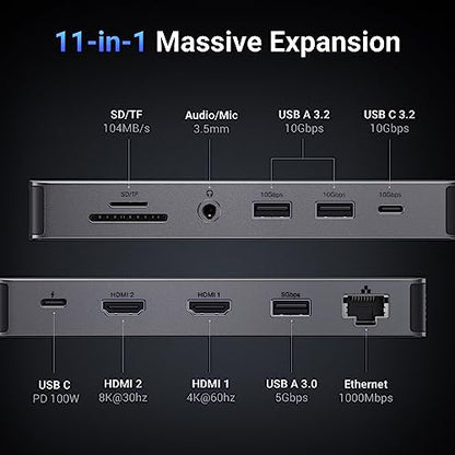 UGREEN USB C Docking Station Dual Monitor 4K@60Hz, 11-in-1 Dock with 2xHDMI | Single 8K@30Hz, 10Gbps Data Port, 100W PD, 1G Ethernet, SD/TF 3,0, Revodok Pro 211 Compatible for Thinkpad, Dell, HP, Lenovo