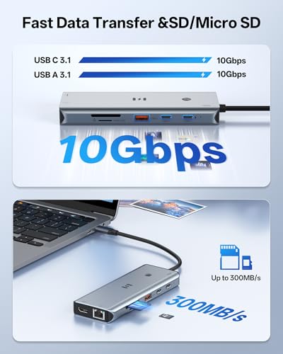 USB C Docking Station 3 HDMI, Selore 13-in-1 Docking Station 3 Monitors with Triple HDMI, 10Gbps USB A/C 3.1, 100W PD Charging, Gigabit Ethernet, SD/microSD Reader for Windows Laptops Dell/HP/Lenovo