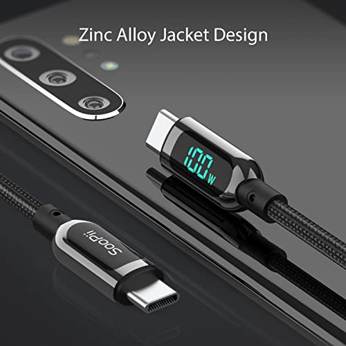 SOOPII 100W 6.6ft USB C to USB C Cable Fast Charge, Nylon Braided Cable with LED Display for lPhone 15/15 Pro/15 Plus/15 Pro Max,lPad Air,MacBook Pro,Galaxy S24/S23, Pixel, LG (Black) - color: Black, size: 2M - 100W