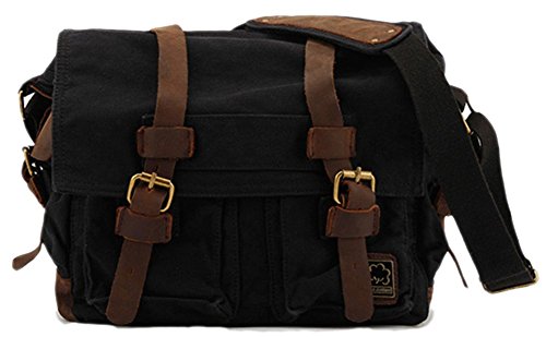 Sechunk Vintage Military Leather Canvas Laptop Bag Messenger Bags Medium - color: Black, size: Large--17‘’