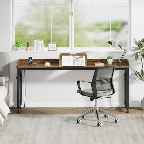 71 in Queen Size Overbed Table with Wheels, Brown | Height Adjustable, Bed Table with Adjustable Tilt Board, Mobile Laptop Cart Computer Desk with Power Outlets, USB Ports - color: Brown