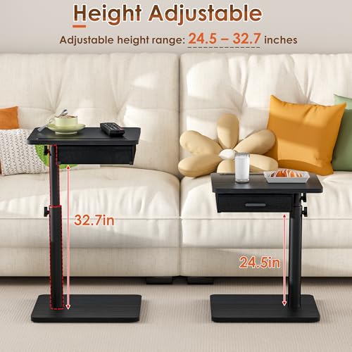 TV Tray with Drawer & Device Slot, Swivel Height Adjustable bedside table, Sofa Side Table for Eating, C Shaped Couch Table for Living Room & Bedroom, Portable Snack End Table for Couch & Bed, Black