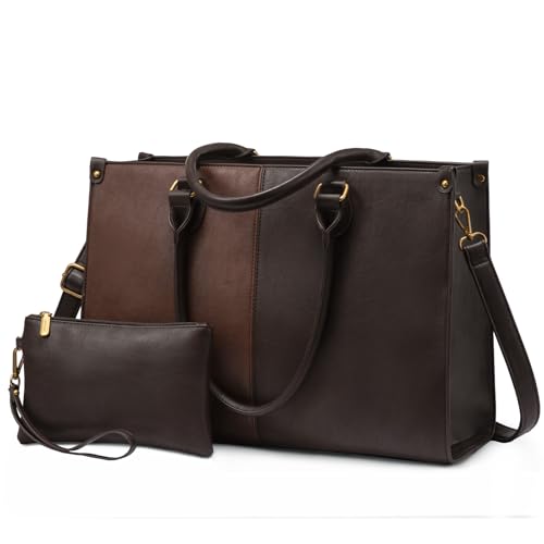 LOVEVOOK Laptop Tote Bag for Women, 15.6 Inch Professional Work Bag with Matching Clutch, Waterproof Vintage Leather Computer Tote for Office, Business Travel & Daily Use, Gift for Women - color: Brown & Coffee, size: 15.6 inch