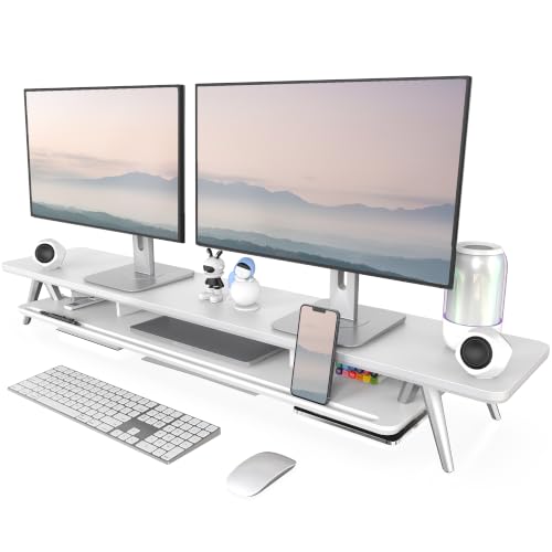 Fenge Dual Monitor Stand Riser, Wooden Desk Shelf with 2-Tier Storage | 47.2-Inch Extra Wide, Sturdy Aluminum Legs, Built-In Phone & Tablet Slot, Desktop Organizer for Office Accessories - color: White, size: 47.2 Inch