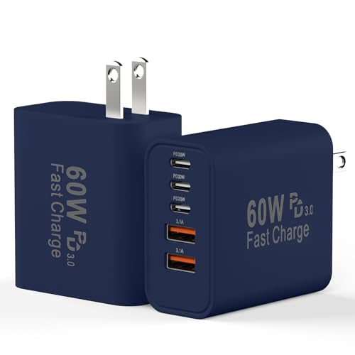 USB C Charging Blocks, 60W USBC Wall Fast Charger Block, Type C Phone USB C Charger Fast Charging Brick, 5-Port Multiport Charger Plug Power Adapter for Phone 17/16/15/14/13 Pro Max, Pad,S25-DeepBlue - color: Deep Blue