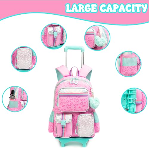 Meetbelify Backpack with Wheels for Girls Rolling Backpack Cute Carry on Backpack for Elementary Student - color: Love Pink