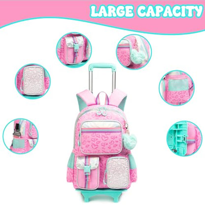 Meetbelify Backpack with Wheels for Girls Rolling Backpack Cute Carry on Backpack for Elementary Student - color: Love Pink