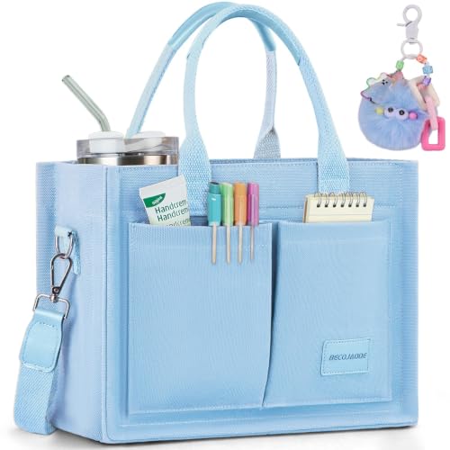 BECOJADDE Structured Canvas Tote Bag for Women, Multi-Compartment Zippered Purse for Work Bible Travel - color: Blue, size: Large