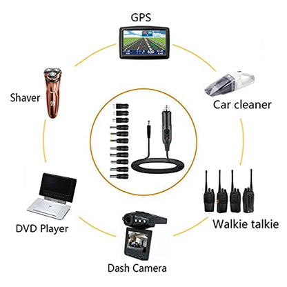 12V Car Charger(Max 10A) + 5V DC Power Cable,with 11 Connectors for DVD Player,Camera,GPS,Bluetooth Speakers,Shaver Fans
