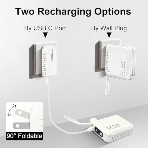 Detachable Wall Plug Portable Charger 15000mAh Power Bank 22.5W | Fast Charging Built-in Cables, 3-in-1 Compact USB-C Battery Pack Travel Essentials for iPhone 17,iPad, Android, Samsung - color: White
