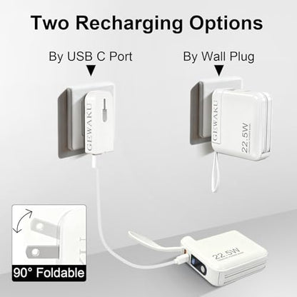 Detachable Wall Plug Portable Charger 15000mAh Power Bank 22.5W | Fast Charging Built-in Cables, 3-in-1 Compact USB-C Battery Pack Travel Essentials for iPhone 17,iPad, Android, Samsung - color: White