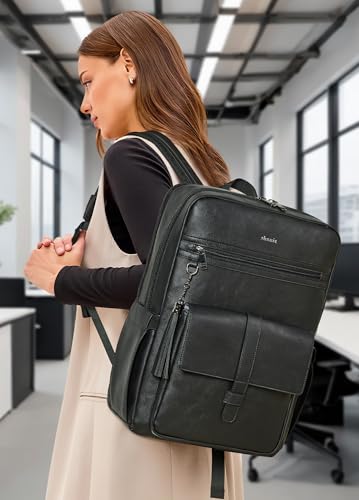 16 inch Vegan Leather Laptop Backpack with USB Charger | Smart Computer Backpack For Men and Women,Back Pocket Convert Luggage Sleeve,20L Large Capacity,Business Work Office College - color: Two-toned Black